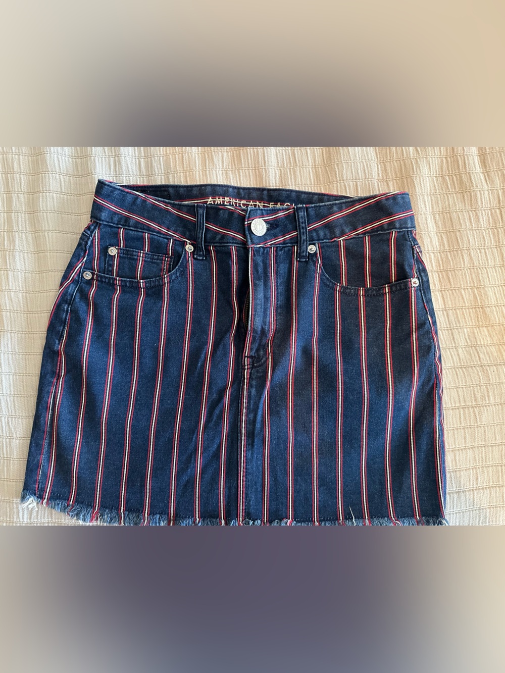 American Eagle Outfitters Navy Denim Skirt with Red & White Trim